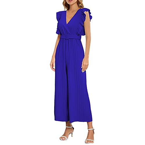 FNKDOR Schlicht Plissee Jumpsuit Damen Elegant Sommer V-Ausschnitt Ärmellos Rüschen Overalls Weites Bein Romper mit Gürtel#13 von FNKDOR