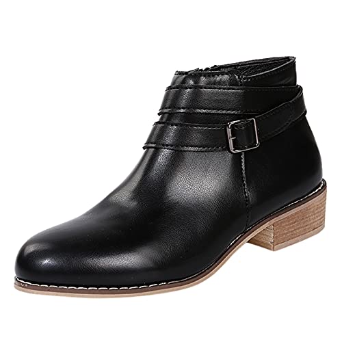 FNKDOR Schlichtes Stiefeletten Damen mit Absatz und Gürtelschnalle Leder Elegant Zipper Booties Schwarz 41 von FNKDOR