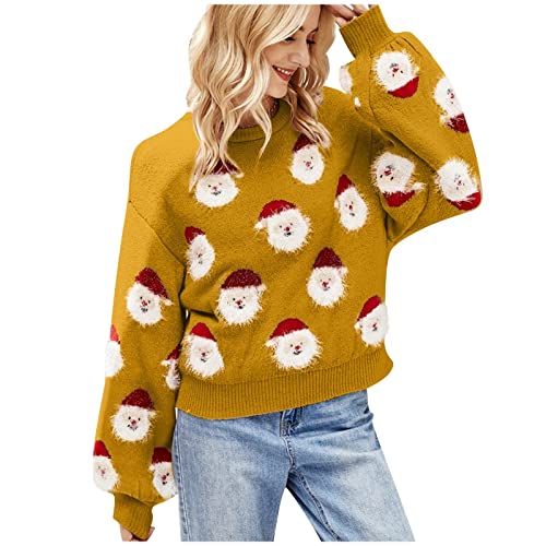 FNKDOR Weihnachtspullover Damen Christmas Sweater Weihnachtsmann Jacquard Weihnachtsmotiv Xmas Pullover#2 (Gold, L) von FNKDOR