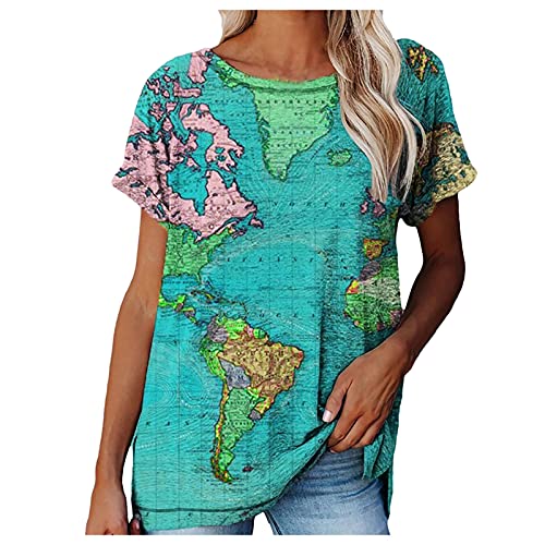 FNKDOR Weltkarte Motiv Tshirt Damen Sommer Kurzarm Rundhals Aufdruck Oberteile Blusen mit Schlitz Blau XXL von FNKDOR