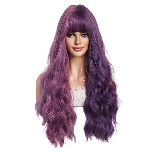 # Langes lockiges Haar Perücke weiblich langes Haar lila Farbverlauf realistische natürliche Chemikalien Faser Haar Kopfbedeckung (Purple, One Size) von FNKDOR