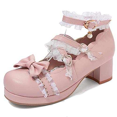 FOLOPOBO Damen Süss Lolita Schuhe mit Bogen Lolita Schuhe mit Spitze Blockabsatz Pumps Knöchelriemchen Cosplay Kleid Schuhe Uniform Plateau Pink Mini Size 36 Asian von FOLOPOBO