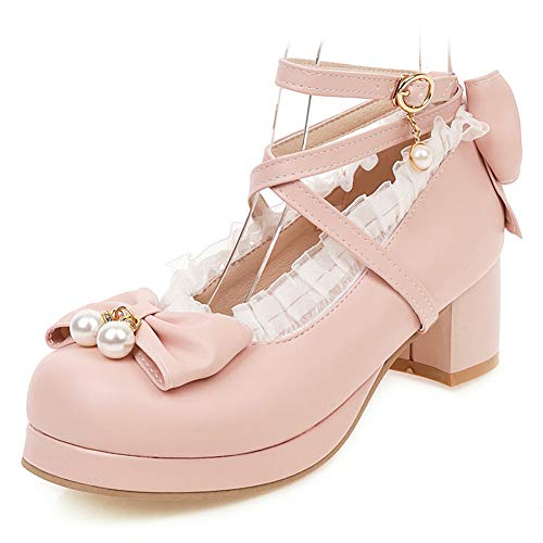 FOLOPOBO Damen Süss Lolita Schuhe mit Bogen Lolita Schuhe mit Spitze Blockabsatz Pumps Knöchelriemchen Cosplay Kleid Schuhe Uniform Plateau Pink Mini Size 45 Asian von FOLOPOBO