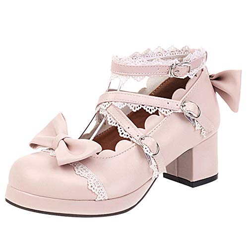 FOLOPOBO Damen Sweet Bogen Lolita Schuhe with Lace Blockabsatz Runde Zehen Pumps Knöchelriemchen Kleid Schuhe Pink Gr 39 Asiatisch von FOLOPOBO