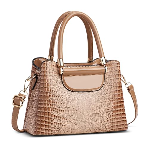 FOLOVEYA Damen Handtasche Klein Mode Krokodilmuster Frauen Henkeltaschen Elegant Top-Griff Taschen Umhängetasche Shopper Schultertasche PU Leder für Arbeiten Reisen Dating Khaki von FOLOVEYA