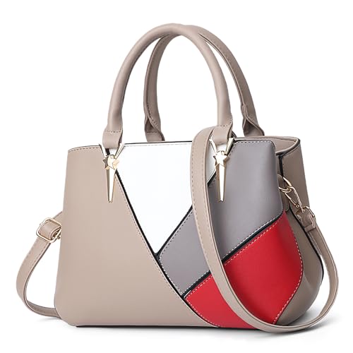 FOLOVEYA Elegant Damen Handtasche Mode Spleißen Henkeltaschen Designer Top-Griff Taschen Frauen PU Leder Umhängetasche Shopper Schultertasche für Arbeiten Reisen Schule Khaki von FOLOVEYA