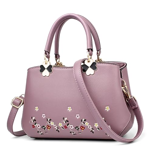 FOLOVEYA Elegant Handtasche Damen Blumen Stickerei Kleine Henkeltaschen Frauen Top Griff Tasche Umhängetaschen PU Leder Schultertasche für Shopping Arbeiten Reisen Lila von FOLOVEYA