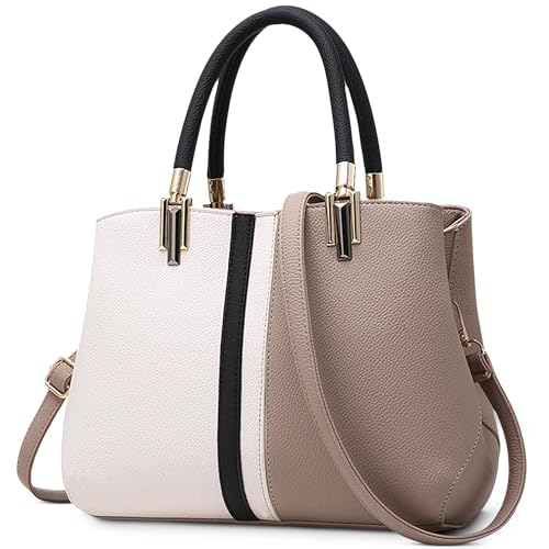 FOLOVEYA Mode Damen Handtasche Elegant Spleißen Henkeltaschen Designer Top-Griff Taschen Frauen PU Leder Umhängetasche Shopper Schultertasche für Arbeiten Reisen Schule Khaki von FOLOVEYA