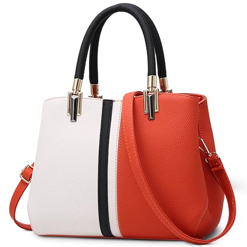 FOLOVEYA Mode Damen Handtasche Elegant Spleißen Henkeltaschen Designer Top-Griff Taschen Frauen PU Leder Umhängetasche Shopper Schultertasche für Arbeiten Reisen Schule Orange von FOLOVEYA