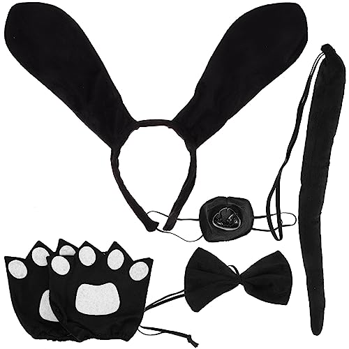 FOMIYES Hundekostüm-Set Inklusive Hundeohren Stirnband Fliege Künstliche Nase Welpenpfote Handschuhe Tierkostüm-Zubehör Halloween-Party Cosplay-Dekorationen Schwarz von FOMIYES