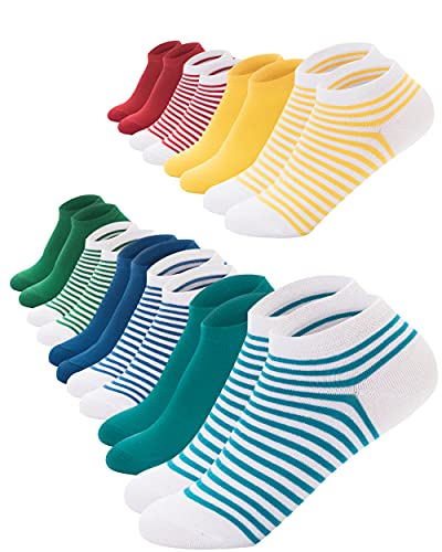 FOOTNOTE 10 Paar Sneaker Socken Mit Softbund Flacher Zehennaht Hoher Baumwollanteil Damen Herren Bunt Rot Grün Blau Gelb Türkis Gestreift in 39-42 von FOOTNOTE