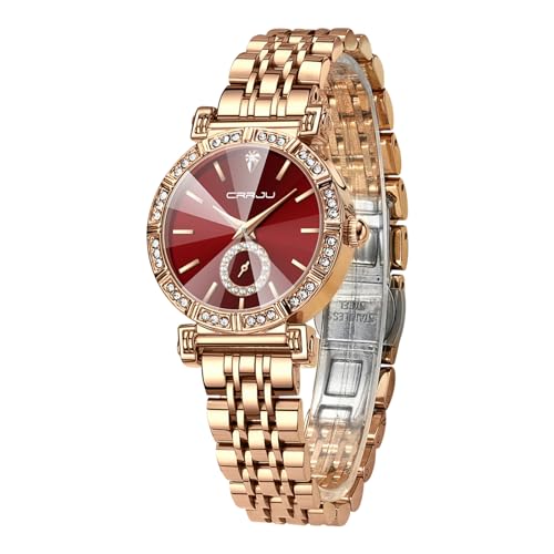 FORSINING Modische Quarzuhr für Damen, Diamant-Luxus-Uhren, Edelstahl, 14 mm, wasserdichtes Damen-Armbanduhr, rot, Armband von FORSINING