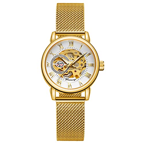 FORSINING Modische Damen-Armbanduhr, Skelett, lässig, wasserdicht, Handaufzug, mechanische Uhr mit Edelstahl-Mesh-Band, 01-Gold, Weiß, Armband von FORSINING