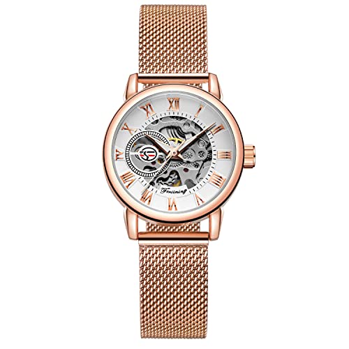 FORSINING Modische Damen-Armbanduhr, Skelett, lässig, wasserdicht, Handaufzug, mechanische Uhr mit Edelstahl-Mesh-Band, 03-Rose White, Armband von FORSINING