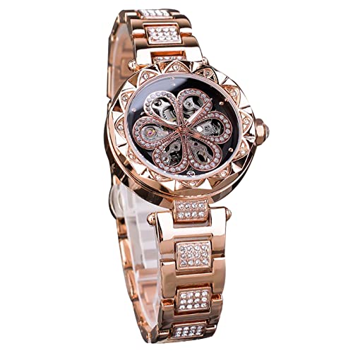 Forsining Mode Damen Uhr Skelett Blume Design Luxus Diamant Armbanduhr für Party Edelstahl Armbänder Mechanische Automatik, rose gold von FORSINING