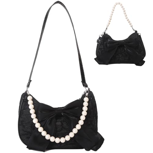 FOSDICK Handtasche Damen Klein, Vintage Fliege Schultertasche Damen, Modisch Crossbody Bag damen, Praktisch Umhängetaschen mit Perlengriffen, Kompakt Shoulder Bag Women, Schwarz Moon Bag FOSDICK Handtasche Damen Klein, Vintage Fliege Schultertasche Damen, Modisch Crossbody Bag damen, Praktisch Umhängetaschen mit Perlengriffen, Kompakt Shoulder Bag Women, Schwarz Moon Bag von FOSDICK