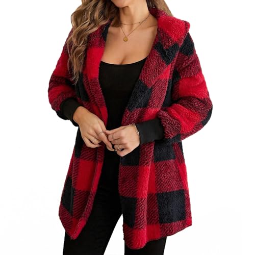 FOTEMIX Winterjacke Damen mit Kapuze Buffalo-Karo-Print Fleecejacke Damen Basic Lässige Teddyjacke Damen, S, Rot von FOTEMIX