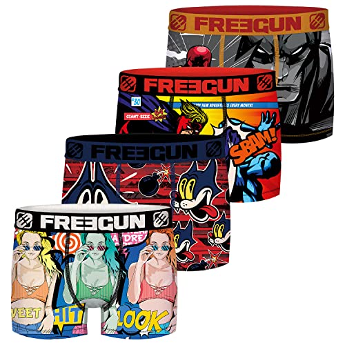 FREEGUN Comic Herren Boxershorts bunt Druck ohne Eingriff 4er Pack S M L XL XXL 92% Polyester Druck, Größe:S, Farbe:Motivmix 6 von FREEGUN