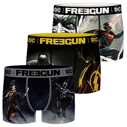 FREEGUN DC Comics Herren Boxershorts 3er Pack Batman Superman Justice League Superhelden Druck S M L XL XXL, Größe:S, Farbe:Motivmix 5 von FREEGUN