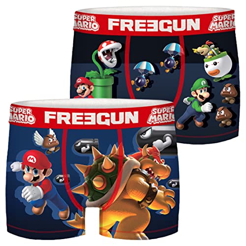 FREEGUN Super Mario Herren Boxershorts 2er Pack Luigi Bowser Gumba Piranha Pflanze 92% Polyester Druck, Größe:S, Farbe:Motivmix 1 von FREEGUN