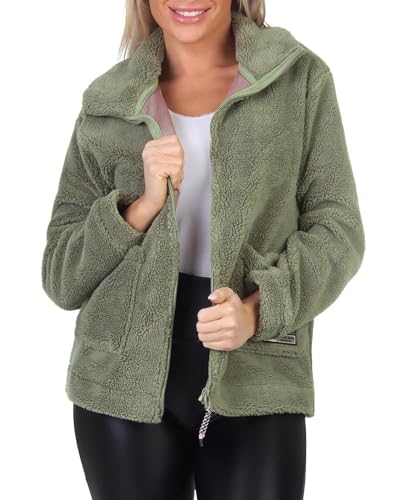 FRESH MADE Damen Teddyfleece Jacke LFM-173 Plüschjacke mit hohem Kragen Washed Olive L von FRESH MADE