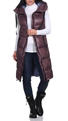 FRESH MADE Damen lange Steppweste LFM-168 mit Kapuze Purple Brown M von FRESH MADE