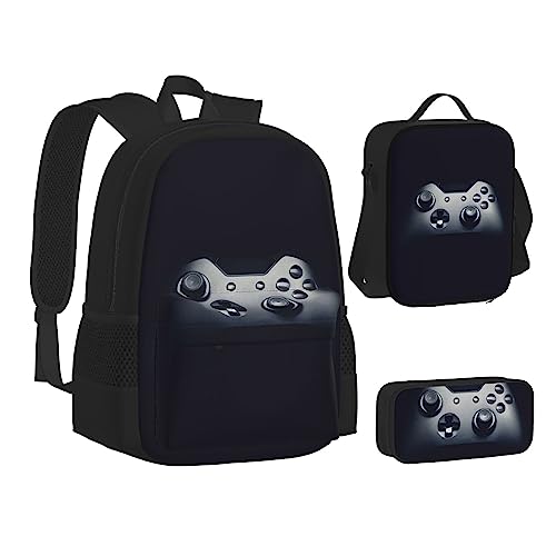 FRGMNT Bananenblatt Rucksack Schule Büchertaschen Set Lunchtasche Federmäppchen Schulrucksäcke für Teen Mädchen Jungen, Gaming-Controller-Muster, Einheitsgröße, Schulrucksack von FRGMNT