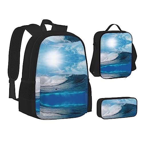 FRGMNT Bauernhof Tier Ziege Rucksack Schule Büchertaschen Set Lunchtasche Federmäppchen Schulrucksäcke für Teen Mädchen Jungen, Blue Ocaen Seascape, Einheitsgröße, Schulrucksack von FRGMNT