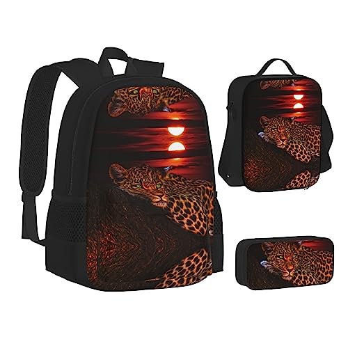 FRGMNT Fall Country Barn Rucksack Schule Büchertaschen Set Lunchtasche Federmäppchen Schulrucksäcke für Teen Mädchen Jungen, Afrikanischer Leopard, Einheitsgröße, Schulrucksack von FRGMNT