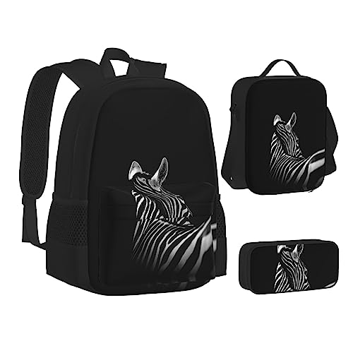 FRGMNT Hellblau Grau Rucksack Schule Büchertaschen Set Lunchtasche Federmäppchen Schulrucksäcke für Teen Mädchen Jungen, Schwarz-weißes Zebramuster, Einheitsgröße, Schulrucksack von FRGMNT