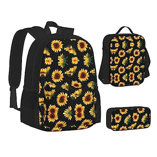 FRGMNT Paradise Strand mit Hängematte Kokos Palmen Rucksack Schule Büchertaschen Set Lunchtasche Federmäppchen Schulrucksäcke für Teen Mädchen Jungen, Sonnenblumenblühende Blumen Pflanzen schwarz und gelb, Einheitsgröße, Schulrucksack von FRGMNT