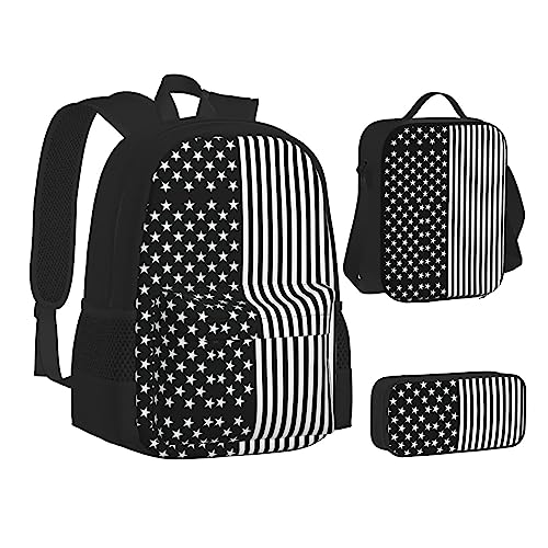 FRGMNT Rosa und Schwarz Flamingos Rucksack Schule Büchertaschen Set Lunchtasche Federmäppchen Schulrucksäcke für Teenager Mädchen Jungen, Schwarz-weiße US-Flagge., Einheitsgröße, Schulrucksack von FRGMNT