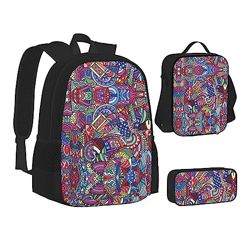 FRGMNT Sonnenblume mit Sonnenuntergang Rucksack Schule Büchertaschen Set Lunchtasche Federmäppchen Schulrucksäcke für Teen Mädchen Jungen, Farbiges abstraktes Muster, Einheitsgröße, Schulrucksack von FRGMNT