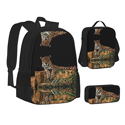 Floral Skull Rucksack Schule Büchertaschen Set Lunchtasche Federmäppchen Schulrucksäcke für Teen Mädchen Jungen, Afrikanische Tierwelt Leopard auf Felsen, Einheitsgröße, Schulrucksack von FRGMNT