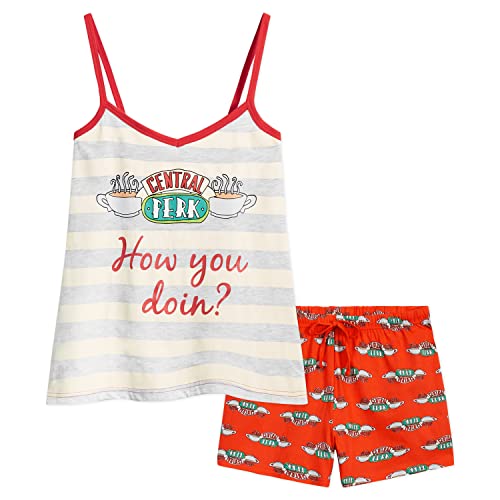 FRIENDS Schlafanzug Damen Kurz Spaghettiträger Top und Short Pyjama Set Central Perk Shorty Schlafanzüge für Damen (S, Grau/Rot) von FRIENDS