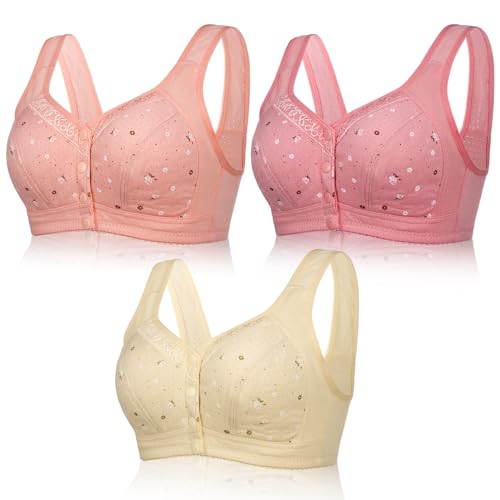 FRIUSATE 3 Stück Frontverschluss BHs, Frontknopf, kabelloser BH vorne Druckknopf-BH, bügellose Stütz-BHs, atmungsaktiv, Push-Up-Bralette, nahtlose BHs für Frauen, multi, 95 von FRIUSATE