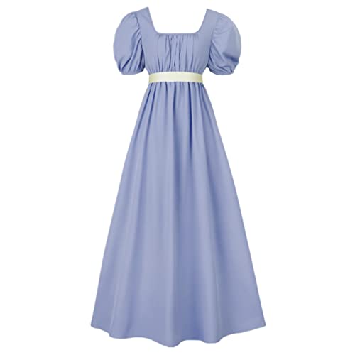 FRIUSATE Regency Kleider, Vintage Kleid, Regency Kleider für Frauen mit Schärpe Empire Taille Rüschen Puffärmel Langes Kleid für Party, Hochzeit und Gala, Light Blue, Small von FRIUSATE