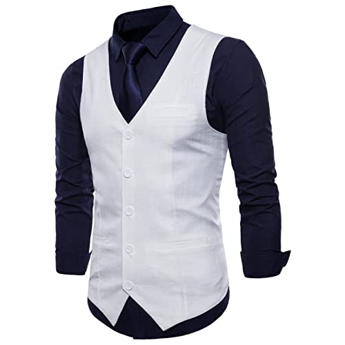 FRLISR Anzug Weste - Regular Fit Baumwolle Leinen Herren Casual Anzug Weste Slim Fit Dünner Stoff Ärmelloses Kleid Westen Herren Candy Color Business Hochzeit Weste Herren,Weiß,M von FRLISR