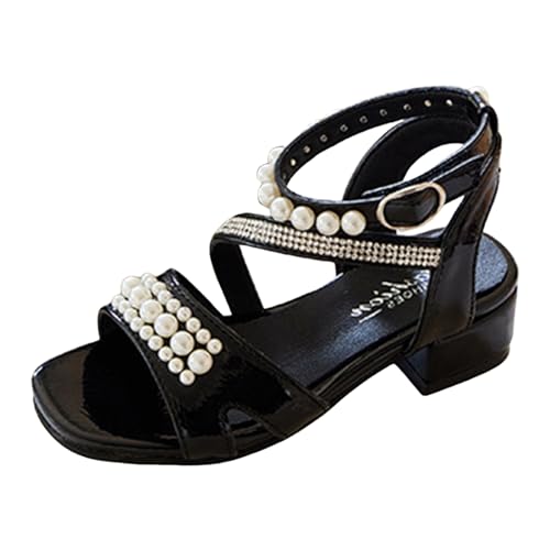 FRMUIC Kinderschuhe Dicke Hohem Absatz Sandalen mit Perlen Diamanten Kinder Mädchen Party Schuhe Weiche Kinder Pailletten High Heels Schuhe (Black, 35 Big Kids) von FRMUIC