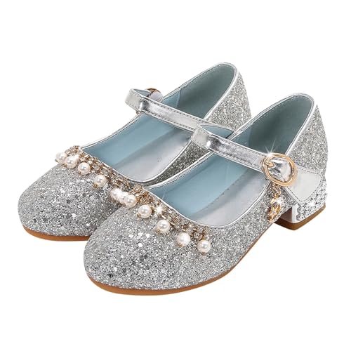 FRMUIC Prinzessin Schuhe Mädchen Glitzer Schuhe Kinder Mädchen Pailletten Prinzessin Cosplay Schuhe Partys Hochzeiten Sandalen Elegante Mädchen Schuhe mit Absatz (Silver, 37) von FRMUIC