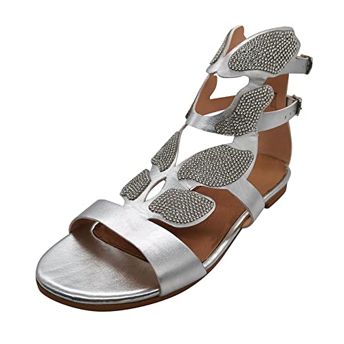 FRMUIC Sommerstiefel Damen Sandalen Strass Schmetterling Elastische Sandaletten Freizeitschuhe Boho Strandschuhe Slip on Elegant Sandalen (Silver, 43) von FRMUIC