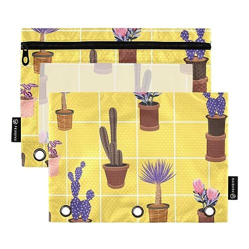 FRODOTGV Federmäppchen mit niedlichem Kaktus-Muster, 3-Ring-Bindertaschen, 2 Stück, mit Reißverschluss, transparent, 3-Loch-Binder für 3-Ringbuch von FRODOTGV