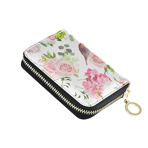 FRODOTGV Kleines Kreditkartenetui für Mädchen, Motiv: Aquarell, Vogel und Blume, sicherer RFID-Kartenhalter, Lederfach mit Reißverschluss, Aquarell-Vogelblume, 1 size, Classic von FRODOTGV