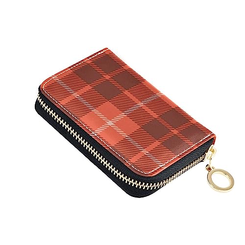 FRODOTGV Living Coral Mini-Kreditkartenetui mit Schottenkaro, für Damen, RFID-Kartenhalter, Leder, Reißverschlusstasche, Geldbörse für die Arbeit, Living Coral Tartan, 1 size, Classic von FRODOTGV