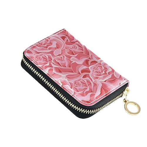 FRODOTGV Mini-Kreditkartenetui für Damen, mit rosafarbenen Rosen, Kunstblumen, RFID-Kartenhalter, Leder, Reißverschlusstasche, Geldbörse für die Arbeit, Pink Roses Art Flowers, 1 size, Classic von FRODOTGV