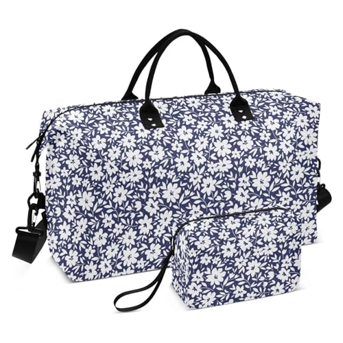 Große Schultertasche, Motiv: hübsche Blumen auf dunkelblauem Hintergrund, wasserdicht, Sporttasche mit verstellbarem Riemen, für Workout, Flugzeug, Reisen, Hübsche Blumen auf dunkelblauem Hintergrund, von FRODOTGV