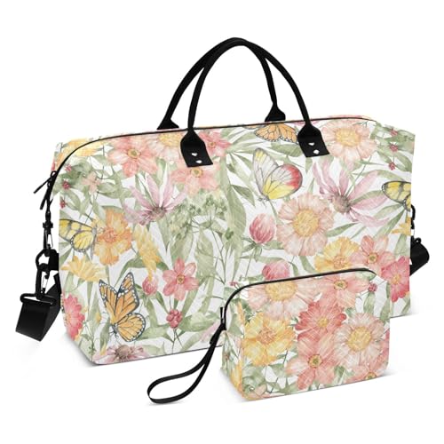 Reisetasche, Sporttasche, Turnbeutel, 2-teiliges Set, Reise-Wochenendausrüstung, Tasche mit Kulturbeutel für Sport, Fitnessstudio, wilder Sommer, rustikale Blumen, Cottage, Schmetterling, Wild Summer von FRODOTGV