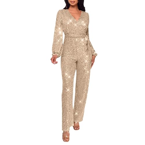 FROON Jumpsuit Pailletten Damen V-ausschnitt Langarm Elegant Glitzer Jumpsuit Mit Gürtel Sexy Bodysuit Lang Overall Hosenanzug Hohe Taille Playsuit Party Karneval Kostüm (L, Gold) von FROON