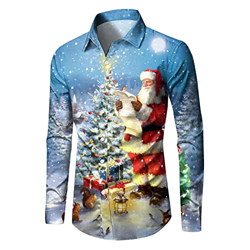 Weihnachtshemd Herren Lustig Langarm Freizeithemd 3D Bedruckte Weihnachten Hemd Männer Slim Fit Christmas Shirt Stehkragen Hawaiihemd Festival Party Xmas Button Down Langarmshirts von FROON