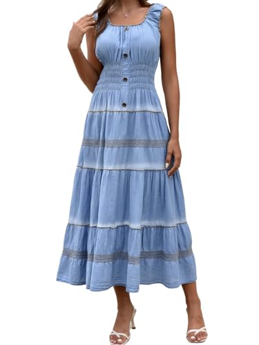 FSHUIDENIM Jeanskleid für Damen, quadratischer Ausschnitt, Knopfleiste vorne, ärmellos, elastische Taille, A-Linie, fließendes Hobo-Kleid, Bu8024, Klein FSHUIDENIM Jeanskleid für Damen, quadratischer Ausschnitt, Knopfleiste vorne, ärmellos, elastische Taille, A-Linie, fließendes Hobo-Kleid, Bu8024, Klein von FSHUIDENIM